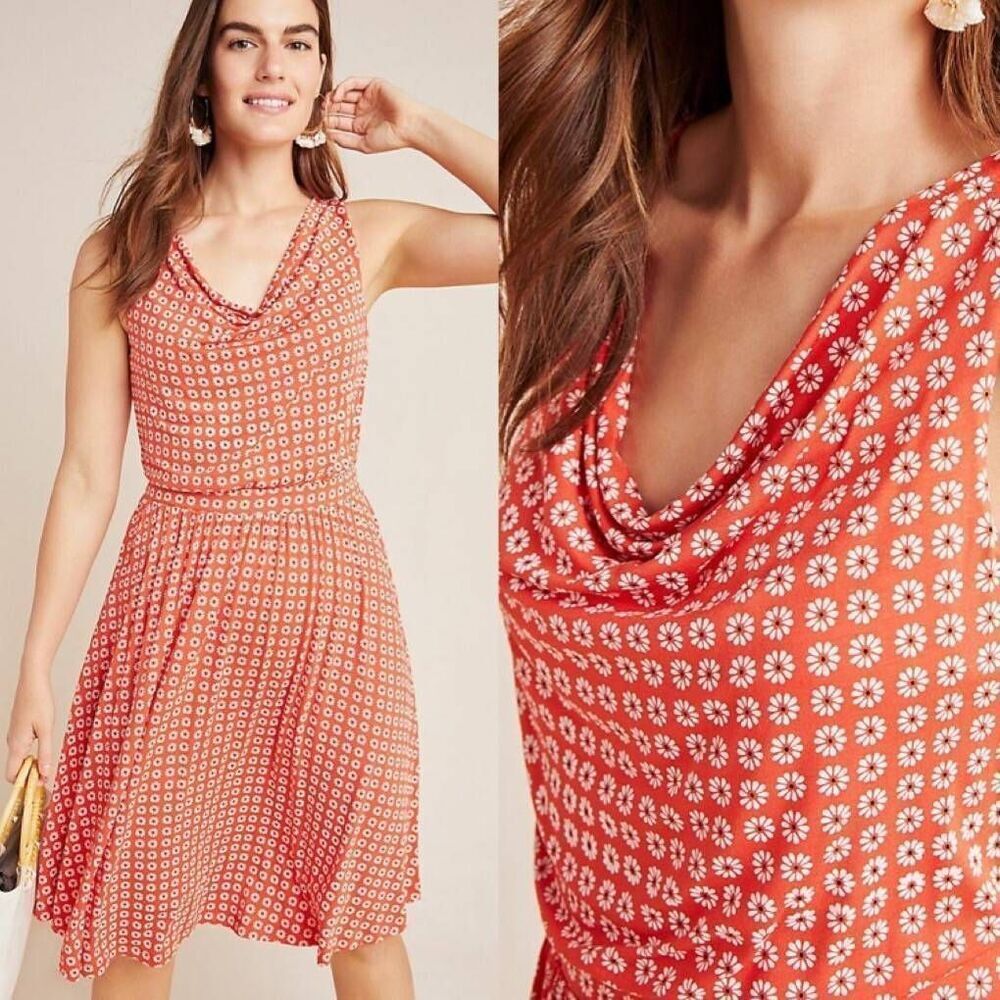 Anthropologie Maeve Brianne Fit & Flare Dress Womens Small Orange Floral Stretch